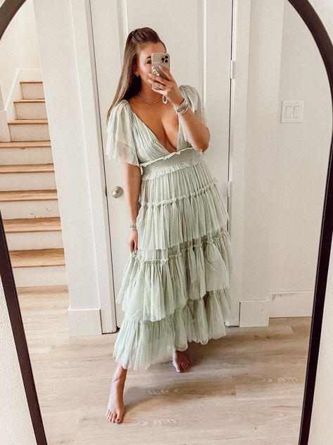 Tulle Tiered Plunge Maxi Dress curated on LTK Tiered Ruffle Dress Layered, Tulle Wedding Guest Dress, Tiered Bridesmaid Dress, Green Tiered Dress, Tiered Tulle Dress, Long Ruffle Dress, Sage Green Maxi Dress, Midi Dress Layering, Green Ruffle Dress