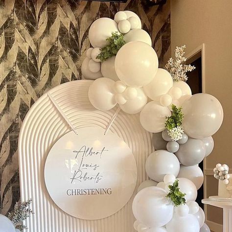 A Lister Events | Preston on Instagram: "Sundays Christening display for Albert 🤍 Grey & white balloon arch with eucalyptus stems 🌿 on our ripple backdrop Swipe for a close up on the cutest cake 🎂 Venue: @longtonvm • #christeningday #christeningballoons #balloonarch #ripplebackdrop #prophire #balloonbackdrop #christeningdecor #greyballoons #prestonballoons" Ripple Backdrop, Christening Backdrop, White Balloon Arch, Christening Balloons, Christening Decorations, Eucalyptus Stems, Balloon Display, 35th Anniversary, Balloon Backdrop