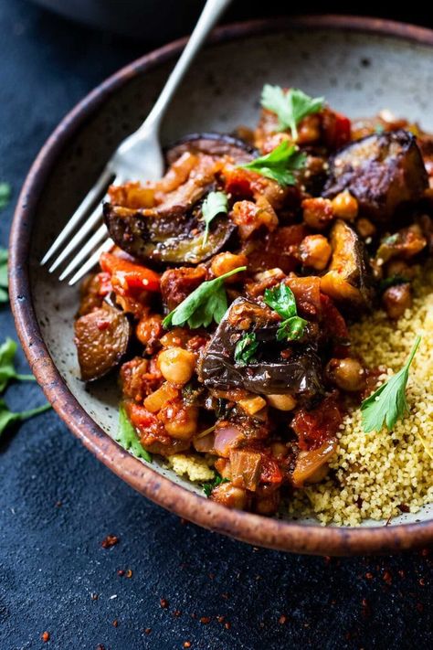 Delicious, Healthy Tagine Recipe with Eggplant and Chickpeas- seasoned with Moroccan spices and served over couscous. A simple plant-based dinner recipe! #tagine Recipe With Eggplant, Eggplant Chickpea, Best Eggplant Recipe, Making Couscous, Tagine Cooking, Tagine Recipes, Moroccan Dishes, Vegan Stew, Rice Side