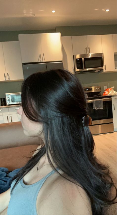 Desired Hair Ideas, Blowout Hair Half Up Half Down, Long Bangs Half Up Half Down, Blown Out Hair Aesthetic, Half Up Half Down Layered Hair, Half Up Blowout, Half Up Half Down Hair Blowout, Dark Hair Blowout Styles, Blowout Half Up Half Down