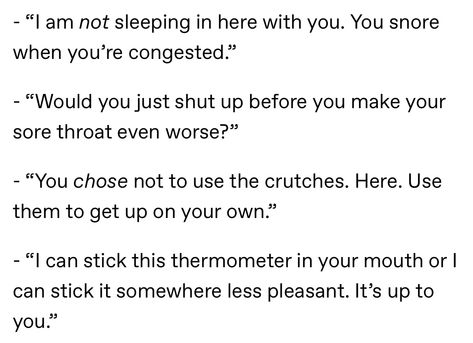 Arguing Dialogue Prompts, Writing Injuries, Caretaker Prompts, Dialogue Starters, Opt Prompts, Stories Prompts, Theater Tips, Scene Writing Prompts, Imagine Your Otp