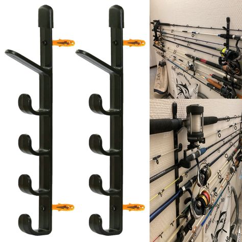 Wall Fishing Rod Holder, Storing Fishing Poles In Garage, Garage Fishing Rod Storage, Fishing Rod Holders For Garage, Diy Fishing Pole, Cabin Basement, Fishing Pole Storage, Fishing Gear Storage, Fishing Pole Holder