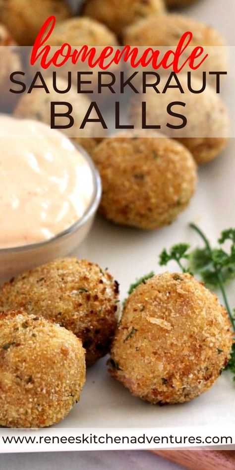 Sauerkraut Balls by Renee's Kitchen Adventures. Easy appetizer recipe for sauerkraut and ham balls. This recipe will turn anti-kraut eaters into kraut lovers. Salty, briny, crispy, and delicious. Fry in oil, with air fryer, or in oven!! #ohpork #Ohiopork #Rkarecipes #appetizers #Sauerkraut #sauerkrautballrecipe