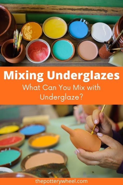 If you find that you don't have quite the right color underglaze, you may have wondered about mixing underglazes.    Underglaze is very versatile and it can be adapted for lots of underglaze techniques.  In this article I look at mixing underglaze colors.  And whether you can mix underglaze with slip, clay and glaze.    Check out my article for tips on how to expand your underglaze palette using the colors you already have on your shelf. Underglaze Recipes, Underglaze Designs Ceramic Art, Underglazes On Pottery, Pottery How To Tutorials, Glaze Colors For Pottery, What To Paint On Pottery, Underglaze Painting Ideas, Underglazing Techniques, Underglaze Techniques Pottery