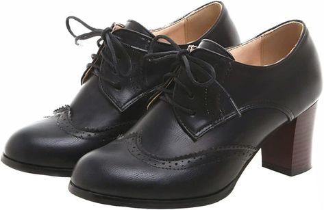 Amazon.com | SHEMEE Women's Chunky High Heels Wingtip Oxfords Round Toe Lace Up Stacked Block Heel Vintage Brogues Pumps Shoes(Brown,US 6.5) | Oxfords Vintage Dress Shoes, Oxford Shoes Heels, Heeled Lace Up Boots, Oxford Brogues, Saddle Shoes, Oxford Heels, Chunky High Heels, Brogue Shoes, Block Heel Shoes