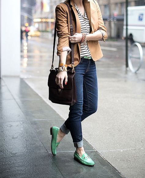 mint, stripes, camel Green Flats Outfit, Green Shoes Outfit, Penny Loafers Outfit, Loafer Outfits, Loafers Gucci, Loafers Outfit, Wardrobe Consultant, Gucci Loafers, Office Casual Outfit