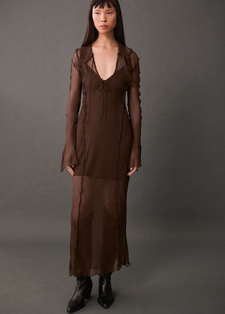 MARIA'S STYLE PLANET: CHIFFON DRESS Floral Crochet Dress, Dress Woman, Gauze Fabric, Long Jumpsuits, Brown Dress, Fall Looks, Dress With Bow, Crochet Dress, Chiffon Dress