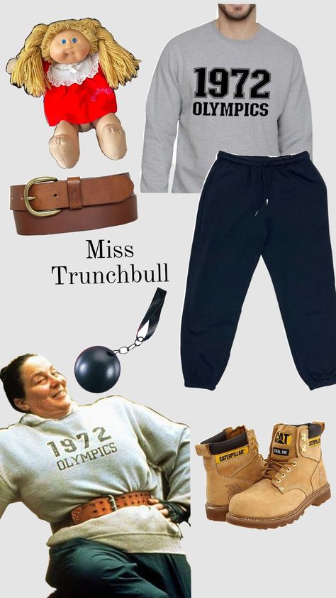 #matilda #trunchbull Matilda Trunchbull, Trunchbull Costume, Miss Trunchbull, 1972 Olympics, Kids Costumes, Matilda, Halloween, Pins