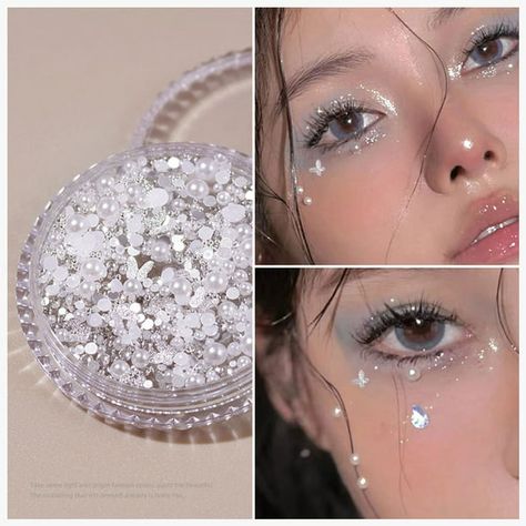 5sos Makeup Looks, Sequin Diy, Jewel Makeup, Sequins Diy, Silver Eye Makeup, Gem Makeup, Eye Gems, Unique Beauty Products, Makeup Stickers