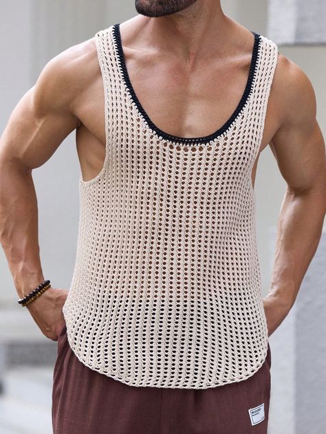 Men's Casual Sleeveless Round Neck Knitted Vest Apricot Casual  Sleeveless Knitwear Colorblock,Plain  Slight Stretch  Men Clothing, size features are:Bust: ,Length: ,Sleeve Length: Man Outfit, Knitted Vest, Sleeveless Vest, Men's Clothes, Polo Shirts, Men Clothing, Denim Fashion, Men's Casual, Fashion Inspiration