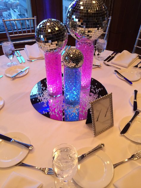 Centerpieces Disco Ball Party Centerpiece, Euphoria Themed Centerpieces, Disco Party Decorations Table, Disco Prom Decorations, Prom Disco Theme, Diy Disco Centerpieces, Mirror Ball Centerpiece, Neon Theme Centerpieces, 80 Centerpieces 80s Theme