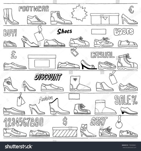 Shoes Doodle, Doodle Shoes, Door Signage, Shoes Illustration, Hand Drawn Vector, Planner Bullet Journal, Vector Stock, Cute Doodles, Journal Planner