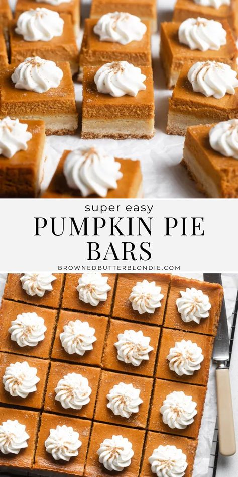 These pumpkin pie bars taste just like pumpkin pie but are so much easier to make. Made with simple shortbread crust and a creamy pumpkin filling, these homemade pumpkin bars are the perfect recipe for feeding a crowd! | Browned Butter Blondie Pumpkin Pie Bars With Cream Cheese Frosting, Half Baked Harvest Pumpkin Pie, Amish Pumpkin Bars, Pampered Chef Pumpkin Bars, Pumpkin Pie Bars Healthy, Pie Crust Recipe Pumpkin Pie, Pumpkin Haupia Squares, Pumpkin Dessert Bars Recipes, Pumpkin Dessert Recipes For A Crowd