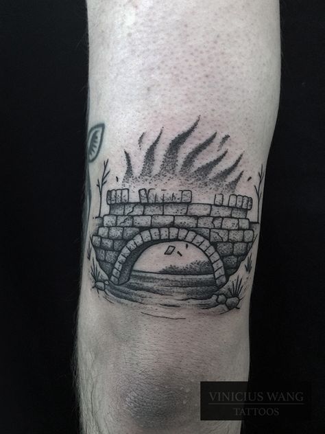 Bridge on fire Burning City Tattoo, Burning Bridges Tattoo, Burning Bridge Tattoo, Bridge On Fire, Burning Tattoo, Tattoo Calf, Bridge Tattoo, Tattoos Leg, Bone Tattoos