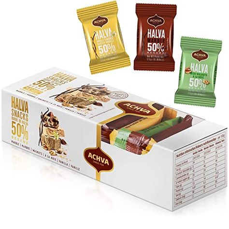 AmazonSmile : Variety Pack of Halvah Marble, Vanilla, and Walnut Israel Candy Bars– Vegan-Friendly, Certified Kosher Snacks with No Dairy or Gluten by Achva, 25 g. Each (1 Pack) : Grocery & Gourmet Food Walnut Candy, Kosher Snacks, Vegan Tips, Snack Gift, Jewish Recipes, Candy Bars, Energy Bars, Homemade Desserts, Fine Food