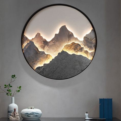 This is a perfect combination of wall sconces and paintings, its rich layers enhance the overall feel of the design, simple yet luxurious, suitable for any modern style home environment.   This wall light is made of aluminum and rock material, which is durable and rustproof. Available in black and white, it is a work of art no matter where it is placed.   These wall sconces are lights at night and paintings during the day, perfect for the entryway, bedroom, tea room, study, living room and other spaces.     DETAILS         Product Name:   Wall Lights       Style:   Modern, Retro       Frame Color:   Black, Gold       Material:   Aluminum Plate + Rock       Light Source:   LED       Color Temperature:   Warm White Light (3000K)       Power:   36W       Process:   Brushed       Voltage:   85 Simple Painting For Living Room, Retro Wall Light, Light Up Wall Art, Wall Frames Ideas Bedroom, Mountain Wall Design, Wall Art Ideas Living Room, Wall Decor With Led Lights, Mountain Scenery Painting, Art Work For Living Room