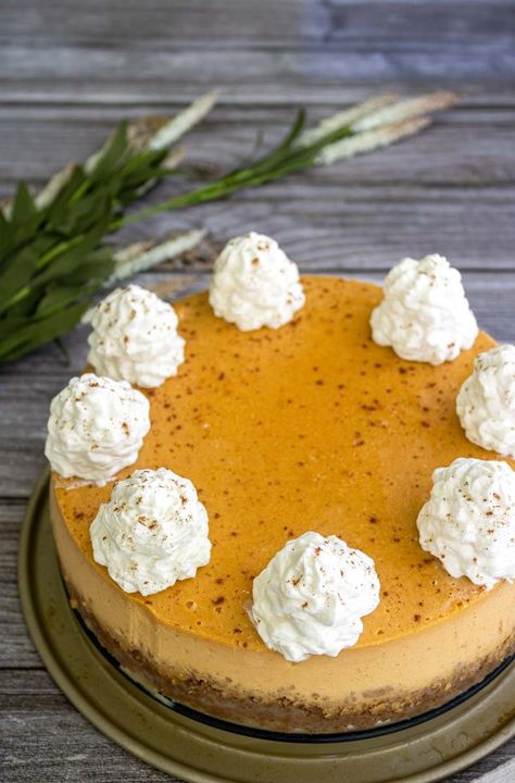 Paula Deen Pumpkin Cheesecake, Cheesecake With Greek Yogurt, Cheesecake With Gingersnap Crust, Praline Cheesecake, Gluten Free Pumpkin Cheesecake, Pumpkin Praline, Spiced Whipped Cream, Paula Dean, Gingersnap Crust