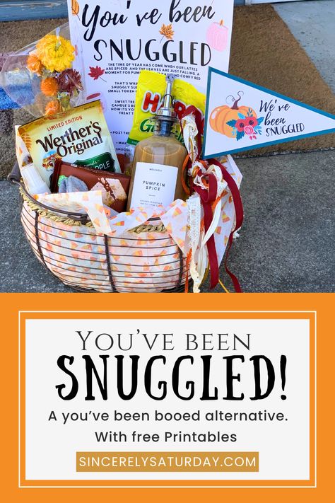 Don't celebreate Halloween but want to do a surprise basket like the "you've been booed" tradition? I have made the first of its kind a "you've been snuggled" basket for surprise gifting your family, friends, co-workers, and neighbors. You will find free printable signs, pendants flags, and tags to make your gifting that much easier, #new #newtradtions #fall #fallgift #you'vebeenbooed #fun #suprise Surprise Basket, Diy New Years Party, Thanksgiving Baskets, Been Booed, Fall Gift Baskets, Boo Gift, You've Been Booed, Halloween Gift Baskets, Diy Projects Gifts