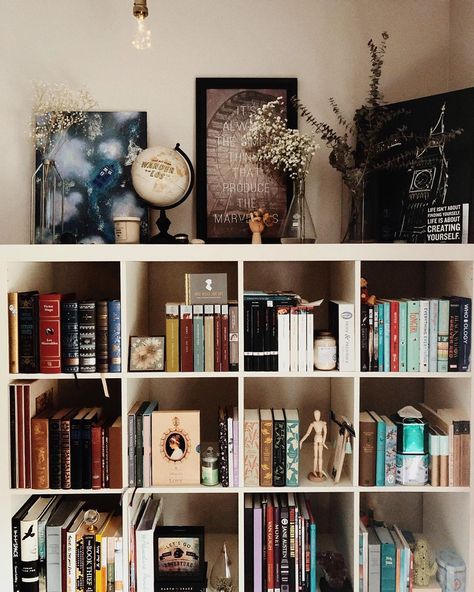 Kat 🍂 on Instagram: “Finally a shelfie! What do you guys think? 🤔 . . . . . . . . . . . . . . #barnesandnobleclassics #barnesandnoble #penguinclassics…” Bookshelf Styling Dark Academia, Square Bookshelf Styling, Macabre Bedroom, Top Of Bookshelf Decor, Bookshelf Layout, Dark Academia Bookshelf, Bookshelf Style, Bookshelves Aesthetic, Bookshelf Inspo