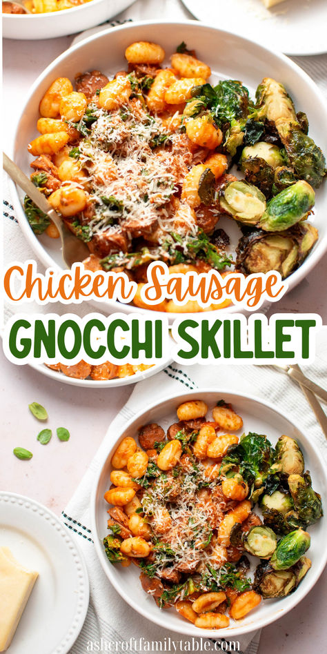 Pinterest graphic with photo collage and text that reads "chicken sausage gnocchi skillet" Dinner Recipes Chicken Sausage, Hosting Dinner Recipes Friends, Chicken Sausage Meals Healthy, Spicy Jalapeno Chicken Sausage Recipes, Smoked Sausage And Gnocchi Recipes, Applewood Chicken Sausage Recipes, Dinner Ideas With Chicken Sausage, Easy Dinner Recipes With Sausage, Spicy Chicken Sausage Recipes