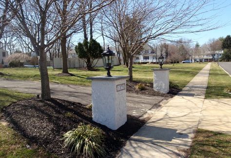 Driveway Columns Pier Installation Langhorne PA Bucks County – Evergreen LMI Stone Driveway Entrance Columns, Front Pillars Columns, Driveway Columns With Lights, Brick Columns Driveway, Driveway Columns, Driveway Pillars, Brick Driveway, Stucco Finishes, Brick Columns