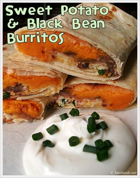 Sweet Potato and Black Bean Freezer Burritos at www.JamHands.net Sweet Potato Black Bean Freezer Burritos, Freezer Burritos, Bean Burritos, Sweet Potato Black Beans, Freezer Cooking, Freezer Meals, Vegetarian Dishes, Sweet Potato, Real Food Recipes