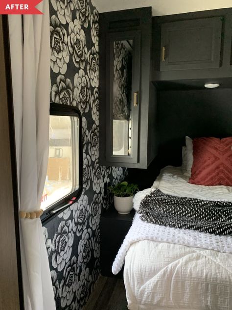 Camper Bedroom With Window Behind Bed, Gothic Camper Interior, Moody Camper Interior, Camper Updates, Bedroom Makeover Before And After, Motorhome Living, Small Bedroom Makeover, Rv Interior Design, Camper Redo