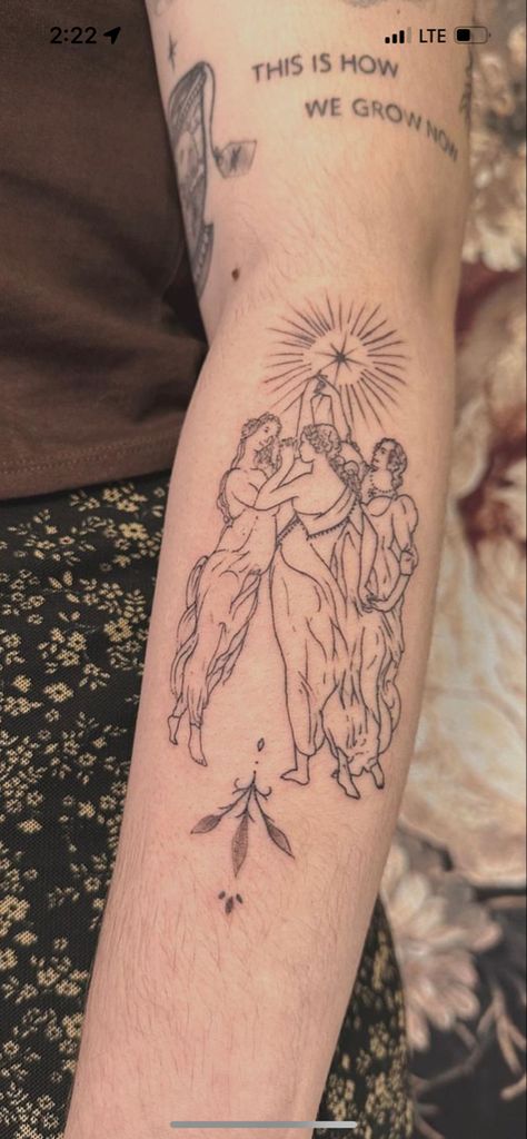 Sandro Botticelli Tattoo, Primavera Tattoo Botticelli, Preraphaelites Tattoo, Three Graces Tattoo Botticelli, Tattoo Ideas Art History, 3 Women Tattoo, Poor Things Tattoo, 3 Graces Tattoo, Ethereal Tattoos Back