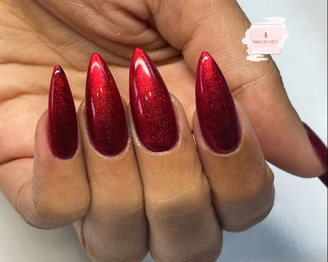 Red Chrome And Glitter Nails, Red Glitter Chrome Nails, Christmas Metallic Nails, Ruby Chrome Nails, Red Sparkly Acrylic Nails, Red Chrome Nails Christmas, Chrome Gel X Nails, Red Shiny Nails, Red Metallic Nails