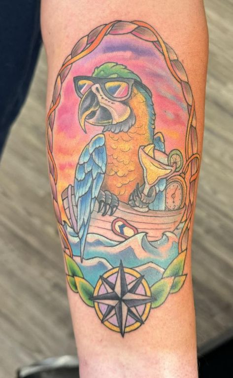 BuffettNews - Jimmy Buffett | Little something I wanted to do to remember all the great times we had at the shows finally found an artist that listened to my suggestions and put so... | Facebook Margaritaville Parrot Tattoo, Margaritaville Tattoos, Jimmy Buffet Tattoo, Margaritaville Tattoo, Jimmy Buffett Tattoo, Parrot Tattoo, Parrot Head, Jimmy Buffett, Sleeve Tattoos