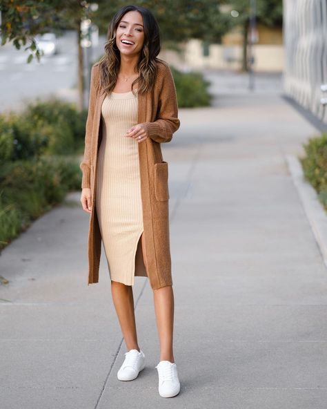 Knit Dress With Cardigan Outfit, Outfits With Long Beige Cardigan, Body On Dress With Cardigan, Cardigan And Midi Dress, Mid Cardigan Outfit, Long Dress With Long Cardigan, Cardigans To Wear With Dresses, Cardigans And Dresses, Long Cardigan And Skirt Outfit