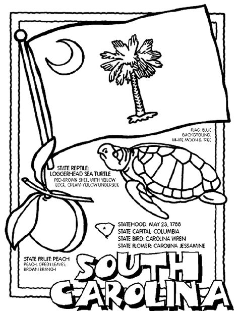 South Carolina coloring page - coloring print outs for all states! South Carolina Printable Free, South Carolina State Symbols, Color Book Pages, South Carolina State Flag, Third Grade Social Studies, 3rd Grade Social Studies, States And Capitals, Homeschool Geography, Flag Coloring Pages