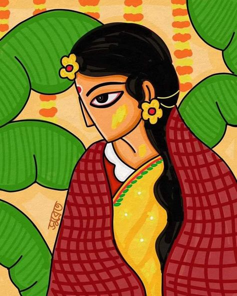 Madhubani Wedding Painting, Bengali Folk Art Painting, Bengali Illustration Art, Bengali Art Culture, Kulo Painting, Female Illustration Art, East Painting, Bangla Art, Diy Plates