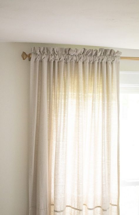 Gathered top drop cloth curtain hanging from brass curtain rod Diy Drop Cloth Curtains, Curtains From Drop Cloths, Target Drop Cloth Curtains, How To Hang Drop Cloth Curtains With Clips, Gray Drop Cloth Curtains, Painters Drop Cloth Curtains, Brass Curtain Rod, Affordable Windows, Make Tutorial