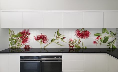 Printed 'images on glass' kitchen splashbacks and glass wall art by Lucy G Printed Glass Splashback Kitchen, Kitchen Splashback Designs, Glass Splashback Kitchen, Printed Glass Splashbacks, Splashback Ideas, Nz Birds, Birds Abstract, Glass Splashbacks Kitchen, Splash Backs