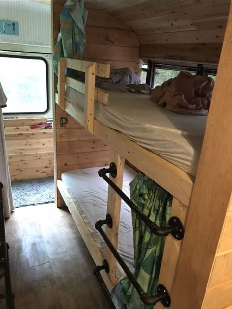 Short Bus Bunk Beds, Skoolie Bunks, Schoolie Conversion, Camper Bunk Beds, Bus Renovation, Camper Lifestyle, Bus Remodel, Bus Build, School Bus Camper