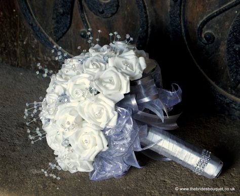 Silver Themed Wedding, Winter Wedding White, Bride Bouquets White, Silver Wedding Theme, Ribbon Rose Bouquets, Ivory Wedding Flowers, Artificial Bridal Bouquets, Bridal Wedding Flowers, Grey Theme