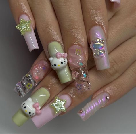 Light Green Nails, Kitty Nails, 2023 Love, Hello Kitty Nails, Pretty Gel Nails, Really Cute Nails, Unique Acrylic Nails, Soft Nails, Cat Nails