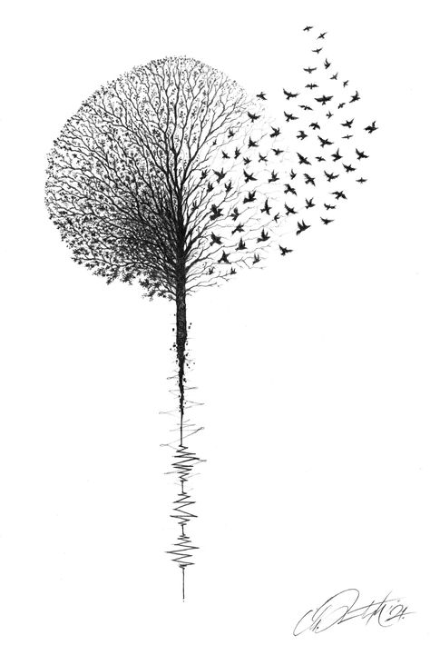 #art #artist #artwork #drawing #illustration #pencil #sketch #bnw #blackandwhite #tree #leaves #birds #flight #EKG #pulse #life #motivation  #design #idea #tattoo #tattoosketch #inking #tattooart #realism #minimalism #detail  #culture #fineart #artworks #gallery #markodavidovic #markodavidoff Blowing Tree Tattoo, Root Tree Tattoo, Deciduous Tree Tattoo, Motivation Drawing Ideas Life, Bird Flight Tattoo, Tree With Birds Drawing, Tree And Butterfly Tattoo, Sleeve Tattoos Birds, Split Tattoo Design