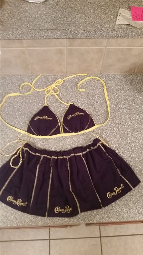 Crown Royal Bikini - Created by Amanda Renea Crown Bag Crafts, Diy Crown Royal Bags Ideas, Crown Royal Bag Crafts, Crown Royal Costume, Crown Royal Bags Ideas, Crown Royal Bags Ideas Diy, Crown Royal Diy, Abc Costumes, Crowns Royal