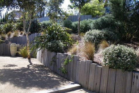 Fiona Brockhoff Design » Osborne & Esperson Concept Plan Coastal Retaining Wall, Vertical Sleeper Retaining Wall, Sleeper Fence, Fiona Brockhoff, Vertical Cladding, Sleeper Retaining Wall, Beach House Landscaping, Steep Gardens, Sleepers In Garden