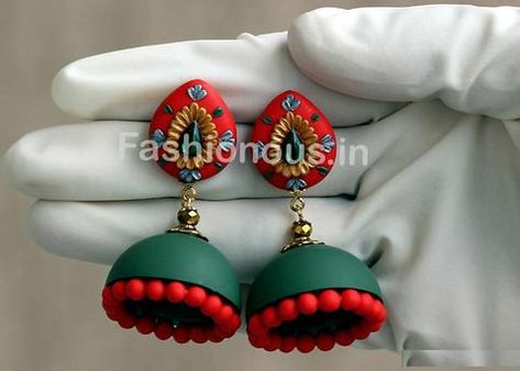 Red-Green with Golden Floral Jhumka-ZAPCJH-009 Clay Art Jewellery, Polymer Clay Art Jewelry, Clay Art Jewelry, Terracotta Jewellery Making, Necklace Clay, Floral Polymer Clay, Terracotta Jewellery Designs, Beads Polymer Clay, Terracotta Earrings