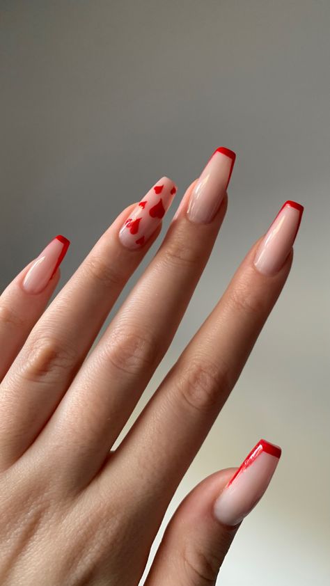 valentines nails - red French with red hearts