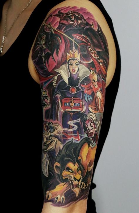 Villain Tattoo Sleeve, Disney Villain Tattoo Sleeve, Disney Villain Tattoo, Disney Tattoos For Men, Villain Tattoo, Disney Inspired Tattoo, Dark Disney Tattoo, Disney Sleeve Tattoos, Disney Sleeve