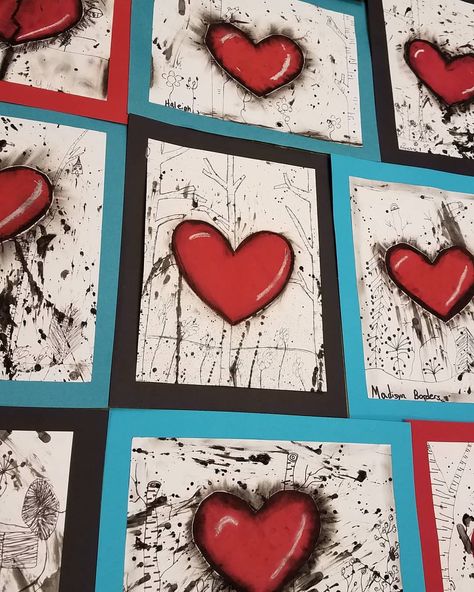 5th grade is finishing up these Jim Dine inspired hearts this week. These are turning out awesome! #elementary #elementaryart… Valentines Art Lessons, Heart Art Projects, Valentine Art Projects, Jim Dine, 2nd Grade Art, 6th Grade Art, 4th Grade Art, 5th Grade Art, 3rd Grade Art