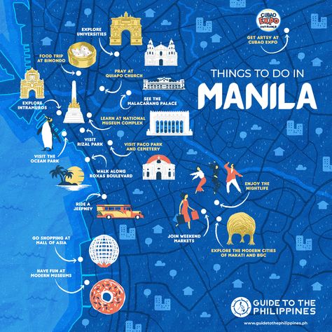 Here's a map of places to visit in Manila, Philippines to help you plan your trip! Things To Do In Manila Philippines, Manila Travel, Philippines Trip, Phillipines Travel Aesthetic, Manila Philippines Aesthetic, Phillipines Travel, Rizal Park, Philippine Map, Visit Philippines