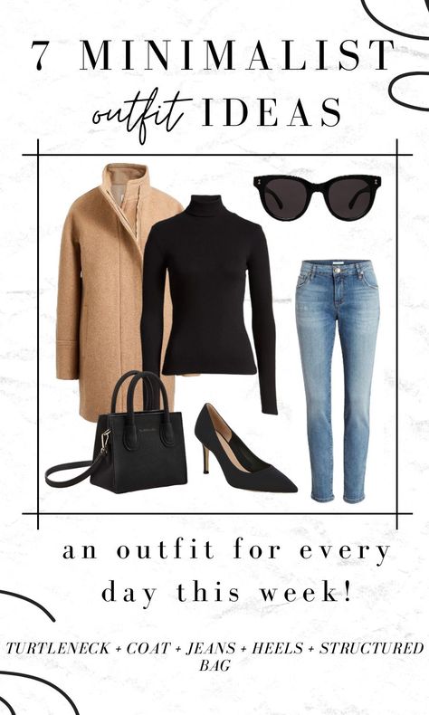 This is a good year to embrace minimalist fashion! From the number of clothes you have to the styles and colors, minimalist fashion likes to keep it simple. But there’s nothing sloppy, boring, or too overdone about it. With key pieces and strategic repeats, here are 7 minimalist outfit ideas for you- one for every day this week! #minimalistoutfits #classicstyle #minimalisticfashion #minimalisticoutfits Minimalistic Summer Outfits, Minimalist Wardrobe Women, Minimalist Outfit Ideas, Turtleneck Coat, Minimal Stil, Minimalist Fashion Outfits, My Chic Obsession, Minimalist Moda, Minimalist Fashion Women