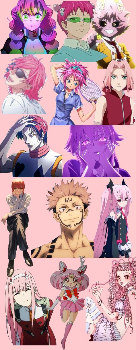 Pink hair anime mix wallpaper Pink Haired Characters Halloween, Pink Hair Cosplay Characters, Pink Hair Costume, Characters With Pink Hair, Characters Cosplay, Pink Hair Anime, Hot Pink Hair, Hair Anime, Anime Clothes