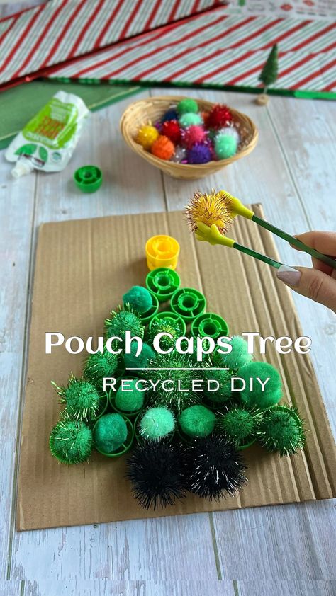 Squeeze Pouch Cap Activities, Pouch Cap Activities, Yogurt Pouch Caps Crafts, Christmas Tree Recycled, Color Sorting Activities, Craft For Preschoolers, Christmas Tree Craft, Baby Food Pouch Recipes, Montessori Homeschool