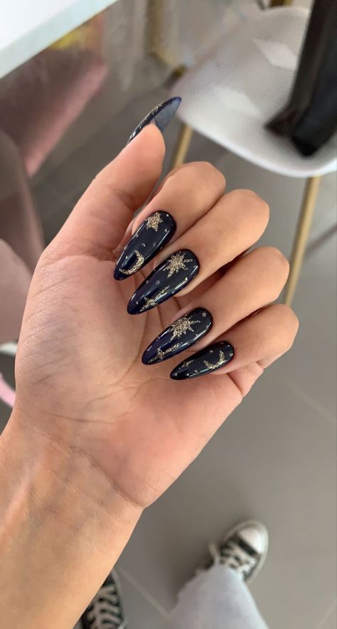 Blue Gold Nails, Cosmic Nails, Blue Prom Nails, Sun Nails, Planet Nails, Blue And Silver Nails, Star Nail Designs, Nail 2023, Prom Nails Silver